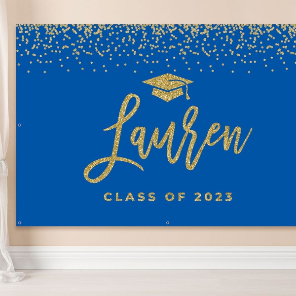 Graduation backdrop banner royal blue and gold Graduation party decorations 2023 Personalized vinyl sign for guys or girls