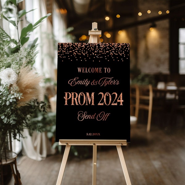 Prom send off party sign, Senior prom send-off poster, Welcome sign, Backyard prom decorations black and rose gold, Foam board for easel