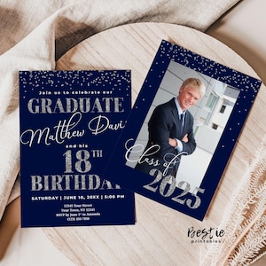 Invito per laurea e compleanno blu navy e argento, invito per festa di laurea e 18° compleanno con foto, invito stampato o digitale