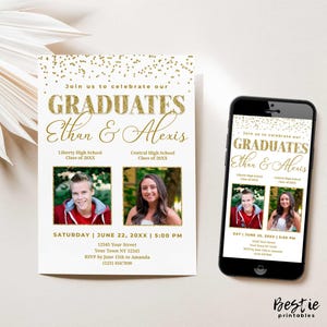 Twin graduation party invitation with pictures, Double grad invitations with photos, Combined party grad invite, Joint graduation, Gold