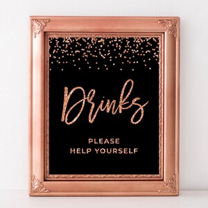 Drinks sign printable Drink sign black and rose gold Birthday party decorations black and rose gold Birthday decoration Reception sign
