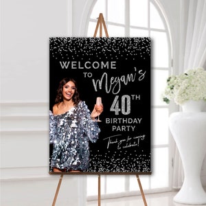 Birthday welcome sign Birthday party decorations black and silver Birthday poster with photo Personalized birthday welcome sign with picture
