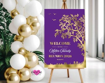 Purple Family Reunion Welcome Sign, Gold Tree Design (Printed or Digital)