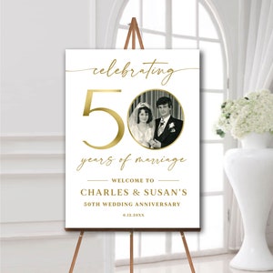 Photo anniversary welcome sign, 50th wedding anniversary board, Golden anniversary celebration, Any year poster, Decorations white and gold