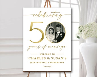 Photo anniversary welcome sign, 50th wedding anniversary board, Golden anniversary celebration, Any year poster, Decorations white and gold