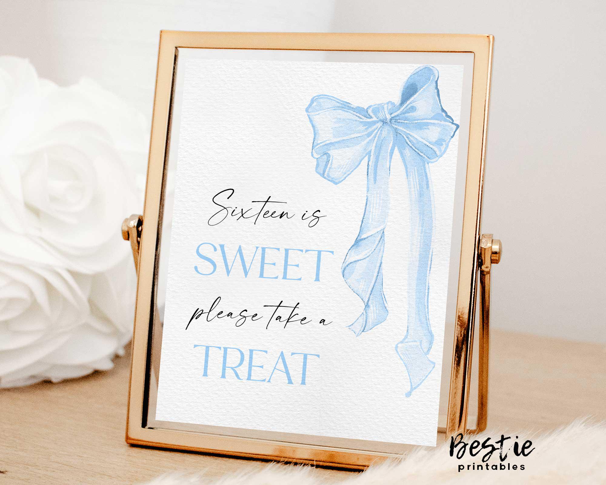 Sixteen is sweet sign, Dessert table, Blue bow, Sweet 16 birthday party decoration, Coquette theme, Sweet treats sign, Teenage birthday