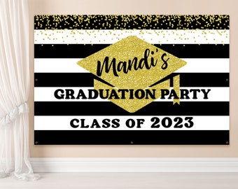 Personalized graduation backdrop black stripes and big gold cap Graduation party decorations for girl Graduation banner with name