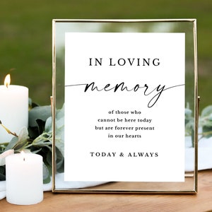 May include: A rectangular gold-toned metal frame containing a white sign with black text that reads: IN LOVING memory of those who cannot be here today but are forever present in our hearts TODAY & ALWAYS. The sign is displayed with two white candles.