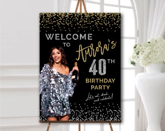 New Years birthday welcome sign, 40th birthday party decorations black gold silver, Birthday foam board poster with photo, Personalized