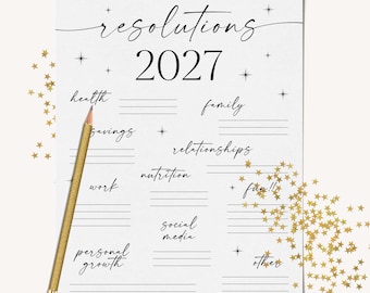 May include: A white paper sheet titled resolutions 2027 with black cursive text for categories including health, family, savings, relationships, work, nutrition, fun, social media, personal growth, and other, accompanied by a gold glitter pencil.