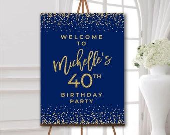 Navy blue and gold Birthday welcome sign Birthday party welcome poster Any age 40th 45th 50th 55th birthday party decorations