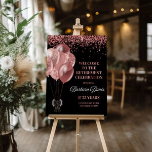 Rose gold retirement welcome sign, Retirement celebration board, Retirement party decorations, Printed poster, Personalized sign, For women