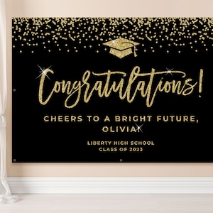 Graduation banner personalized Congratulations backdrop black and gold Graduation party decorations 2023