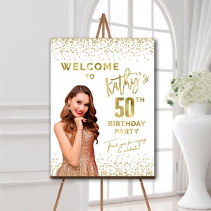 Cartel de bienvenida de la fiesta de cumpleaños número 50 con foto, Póster de tablero de espuma de cumpleaños con imagen, Decoraciones de cumpleaños blancas y doradas, Personalizado
