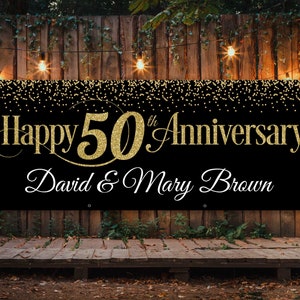 50e verjaardag banner Huwelijksverjaardag decoratie zwart en goud Verjaardag achtergrond gepersonaliseerd Jubileum decor