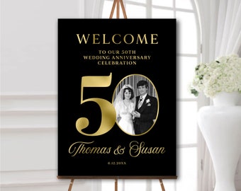 50th wedding anniversary welcome sign, Golden anniversary celebration board, Any year poster, Anniversary decorations black and gold
