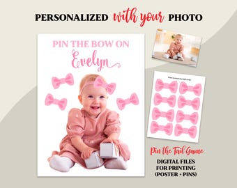 Pin the bow game, First birthday party games, Pin the tail game, Kids birthday party idea, Baby girl birthday party, 1st birthday, Printable