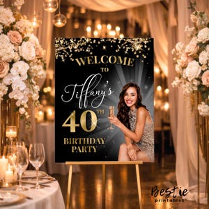 40th Birthday Welcome Sign, Black and Gold Decor, Personalized Poster (Printed or Digital Download)
