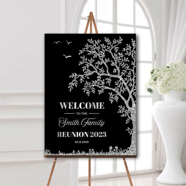 Family reunion welcome sign 2023 Black and silver Printed foam board or poster or printable digital download Personalized reunion decoration