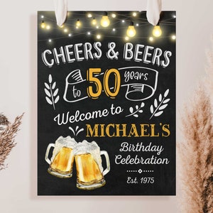 Cheers and beers birthday welcome sign chalkboard Cheers and beers birthday party decorations for men Any age 50th birthday welcome sign