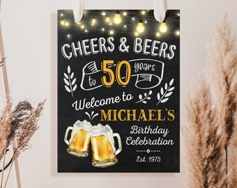 Cheers and beers birthday welcome sign chalkboard Cheers and beers birthday party decorations for men Any age 50th birthday welcome sign