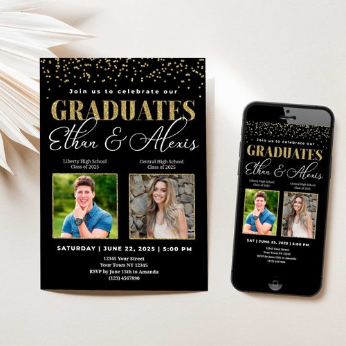 Twin Graduation Party Invitation With Photos Double Graduation Etsy