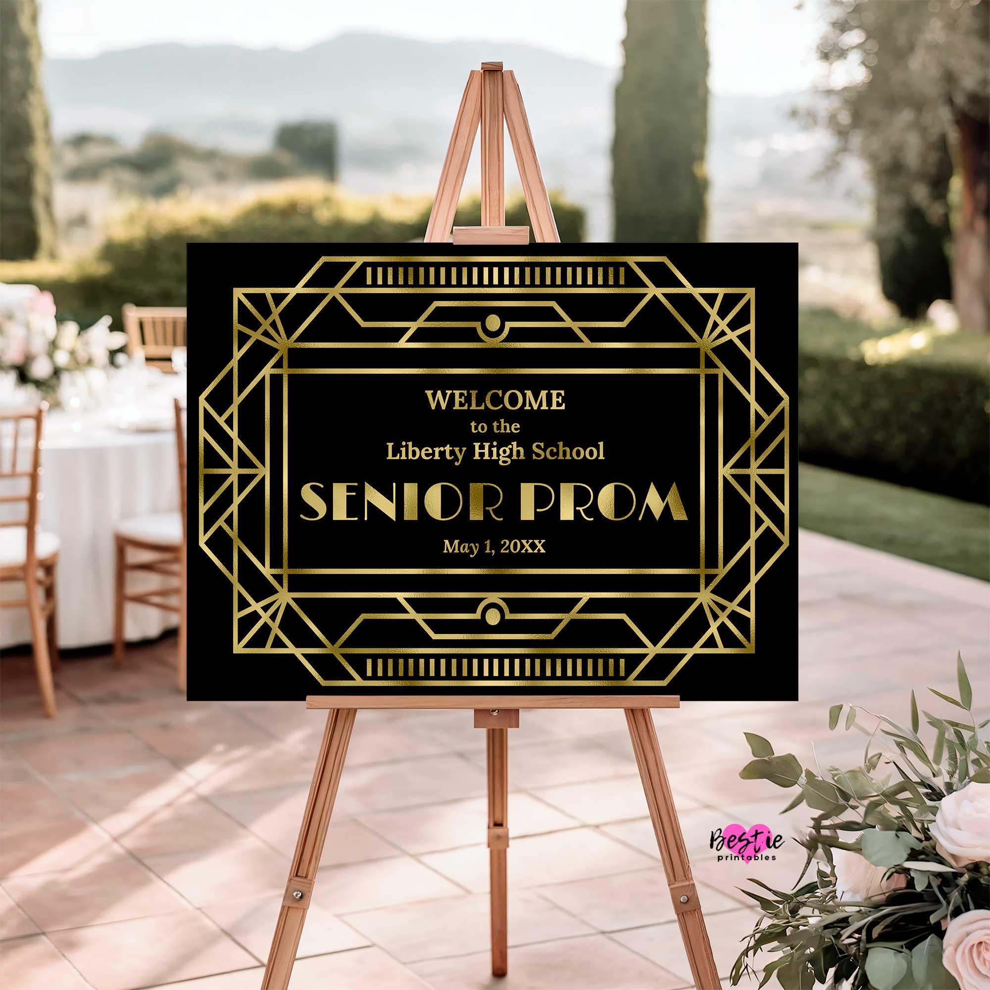 Prom Time. Sign Art Deco Senior Prom Welcome Sign, Black and Gold Party Decor (foam ...