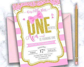 Miss ONEderful birthday invitation 1st birthday invitations for girls First birthday invitation girl pink and gold