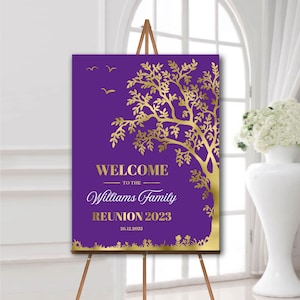 Purple family reunion welcome sign 2023 Printed foam board or poster or printable digital download Personalized reunion decorations