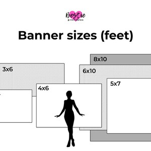 May include: Image showing banner sizes in feet, with a silhouette of a person for scale. Sizes include 2x3, 3x4, 3x6, 4x6, 5x7, 6x10, and 8x10 feet. The text "Banner sizes (feet)" is displayed at the top.