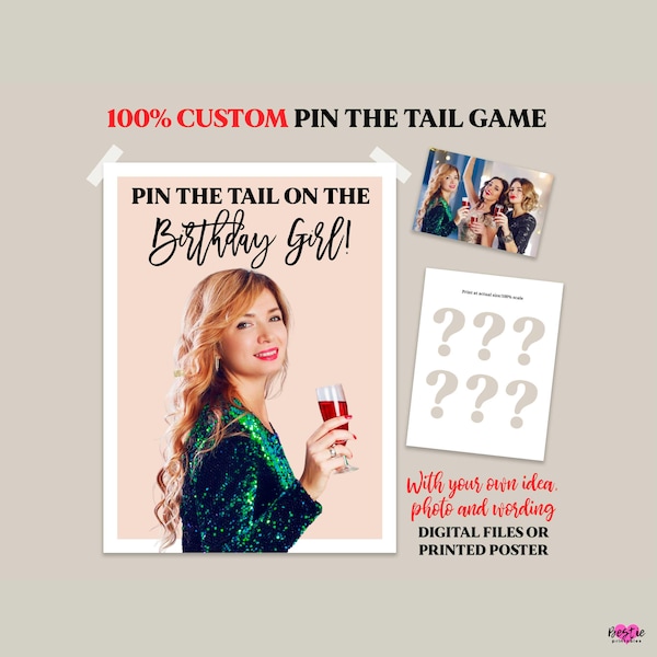 Custom Pin the tail on donkey party game, Personalized with your photo and wording