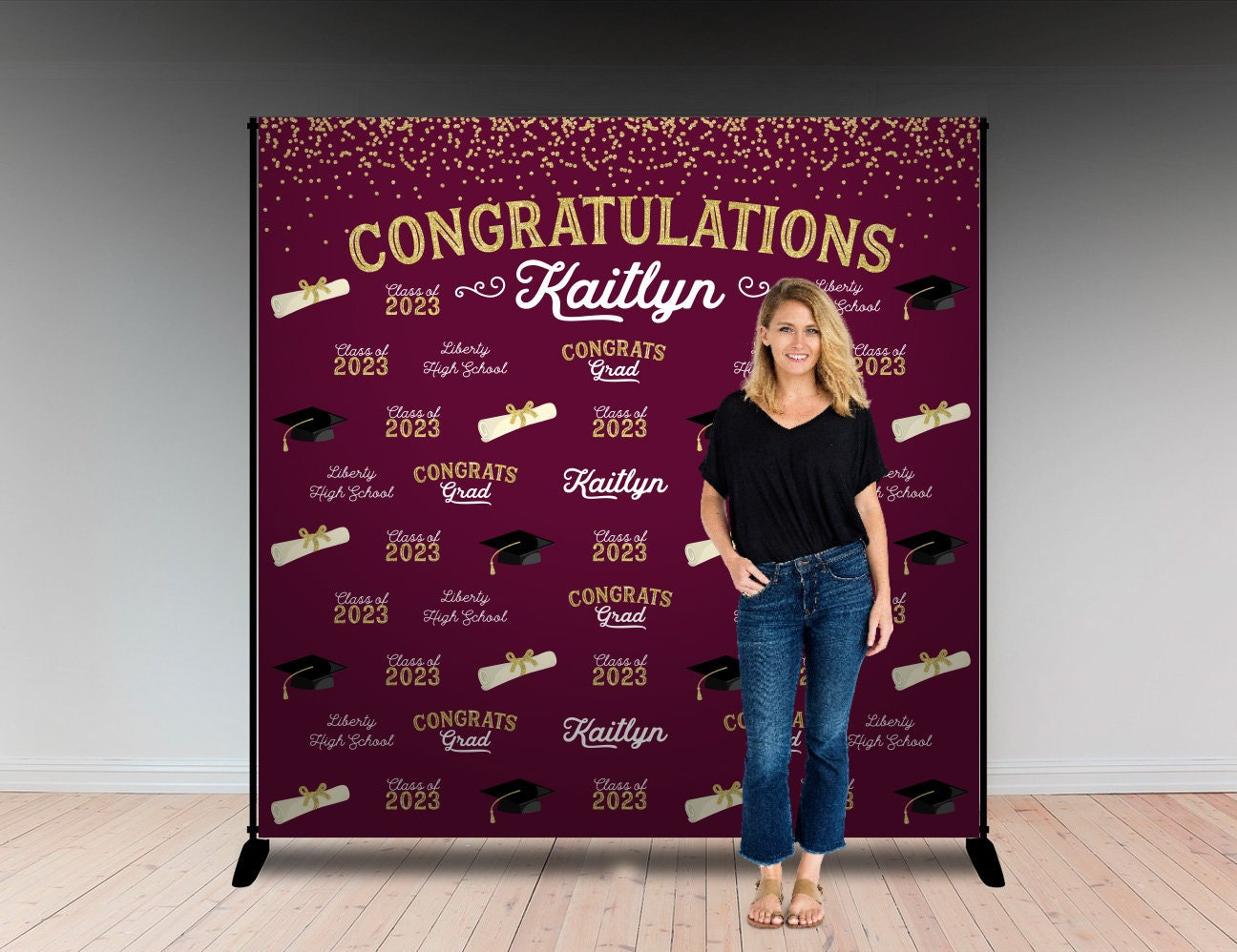 Graduation Backdrop Maroon Burgundy Gold Graduation Step and Repeat ...