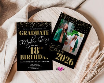 Black and Gold Graduation & 18th Birthday Invitation with Photos (Printed or Digital)