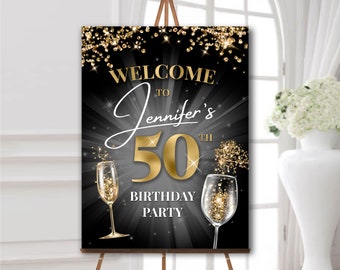 Milestone birthday party welcome sign, black and gold confetti, 50th birthday welcome sign, Birthday party decorations for women or men