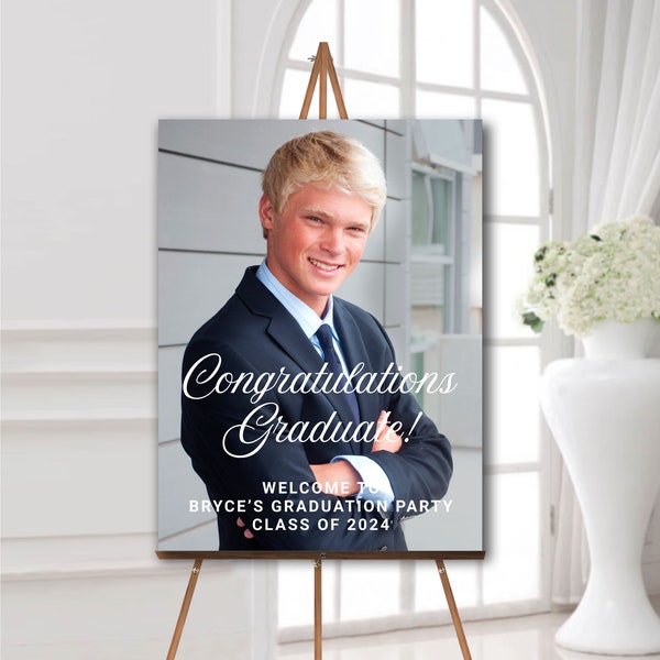 SALE Photo graduation welcome sign personalized for boy, Printed foam board with picture or digital download, Grad party decor for guys