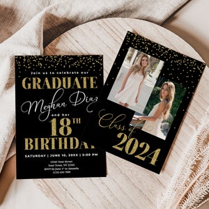 High school graduation and 18th birthday invitation with picture Birthday and graduation invitations black and gold Printed or digital