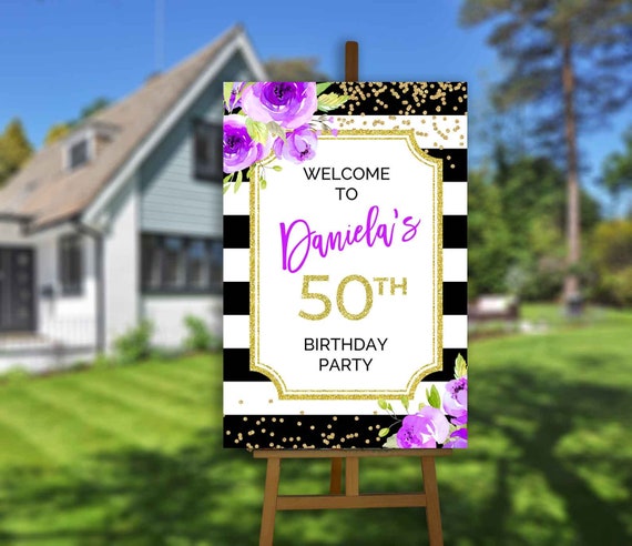 Printable Welcome Sign Purple And Gold 50th Birthday Party Etsy