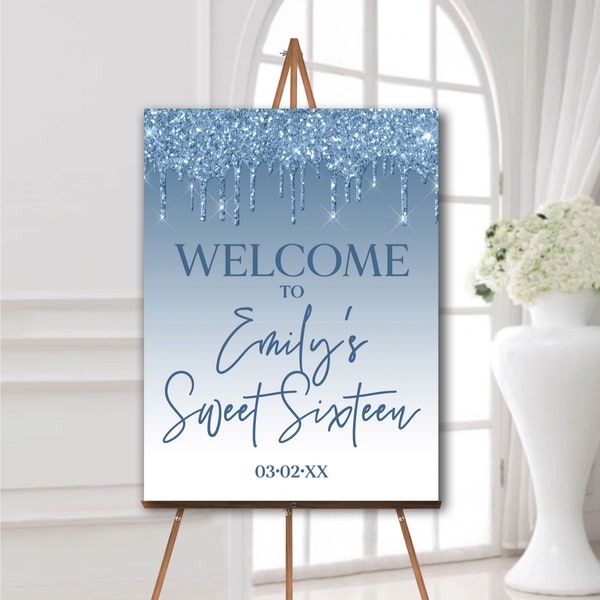 Sweet 16 welcome sign in blue glitter