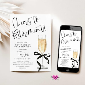 Retirement Party Invitation, Cheers, Black Bow and Champagne Glass (Digital or Printed)