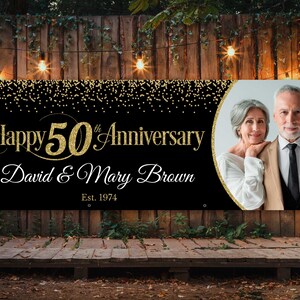 50e huwelijksverjaardag banner, jubileum decor zwart en goud, aangepast jubileumbord met afbeelding