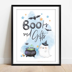 Halloween baby shower sign for boy, Books and gifts, A little boo is almost due, blue, digital download