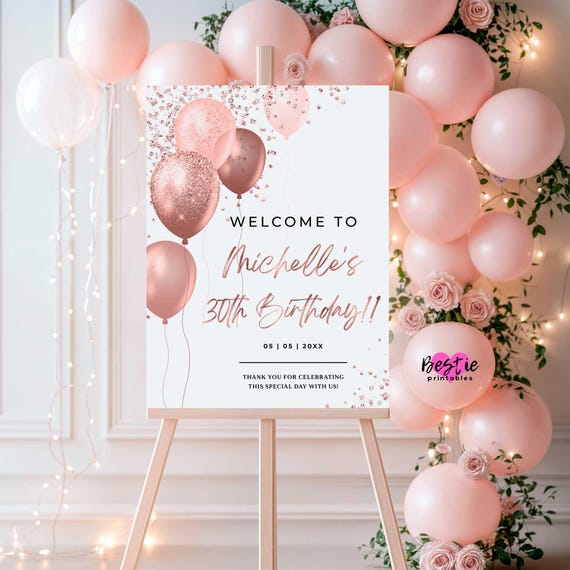 Rose gold birthday welcome sign, 30th birthday poster board, 40th birthday party decorations, Any age, for women, Personalized