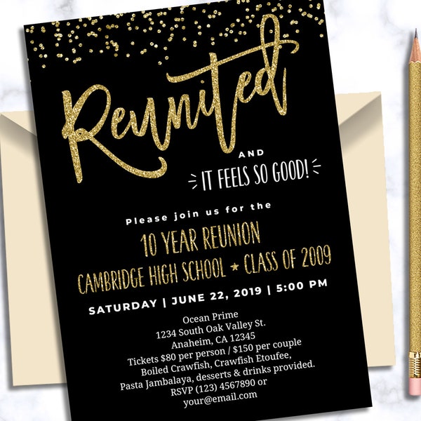 Class reunion invitation black and gold High school reunion invitation printable College reunion invitation Class of 2009