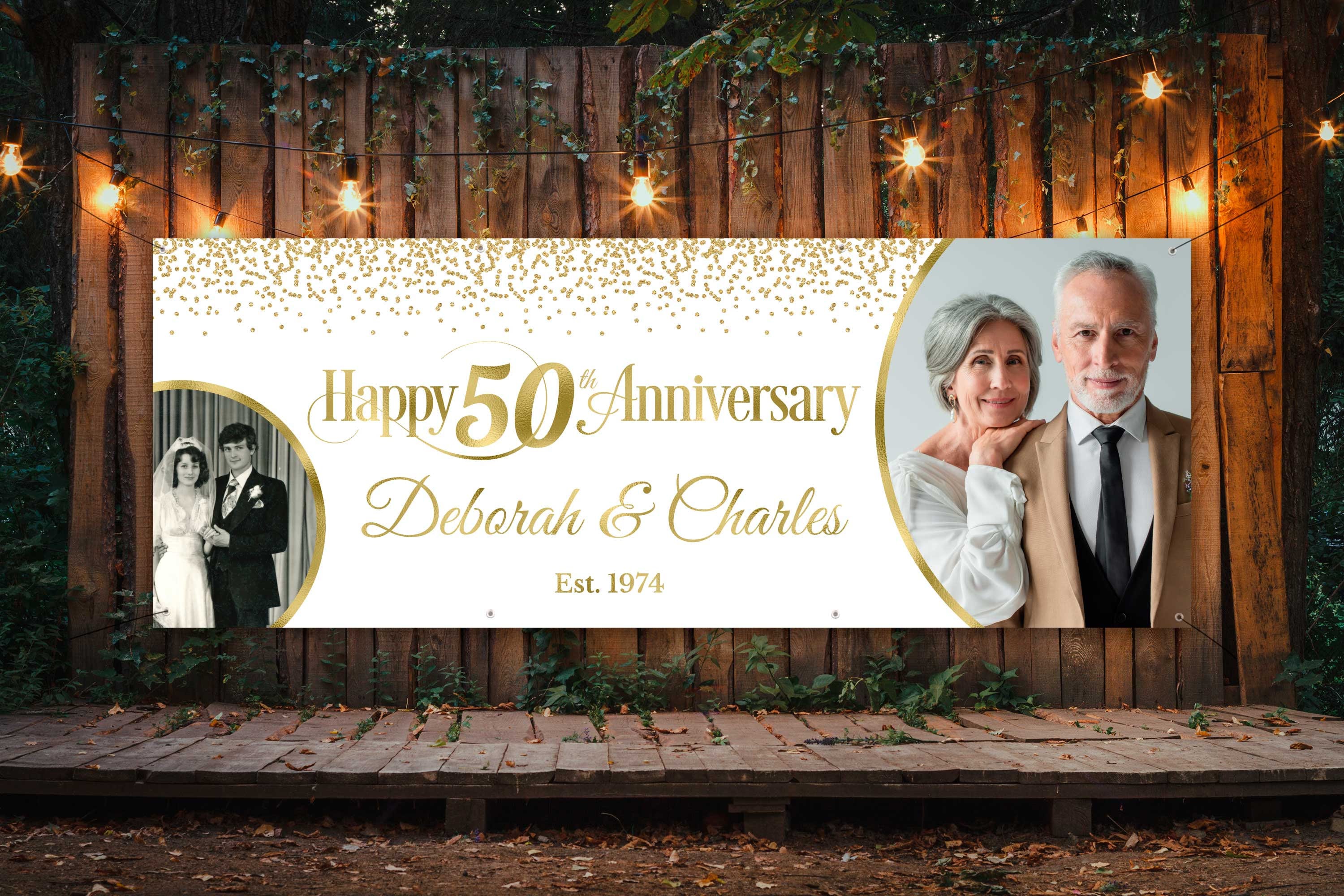 Deko-Set Zum 50. Hochzeitstag – Weißgoldenes Banner & Türabdeckung, Happy 50th Anniversary, Für Garten, Hof Oder Hintergrund
