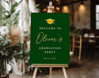 Green and yellow graduation welcome sign, Custom graduation board, Graduation celebration decorations, Grad party decor, Printed poster
