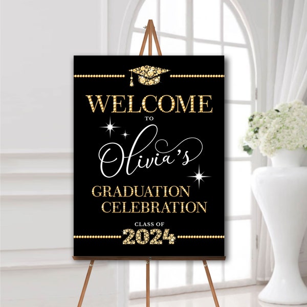 Graduation party welcome sign elegant, Graduation party foam board with diamonds, Graduation party decorations black and gold