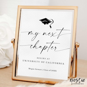 Pode incluir: Um sinal branco com texto preto e um gráfico de um chapéu de formatura preto. O texto diz "my next chapter begins at University of California Megan Stewart | Class of 20XX".