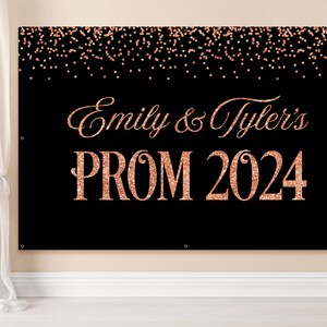 Prom 2024 backdrop banner, Printed vinyl sign, Printable digital file, Prom send-off decorations rose gold and black image 1