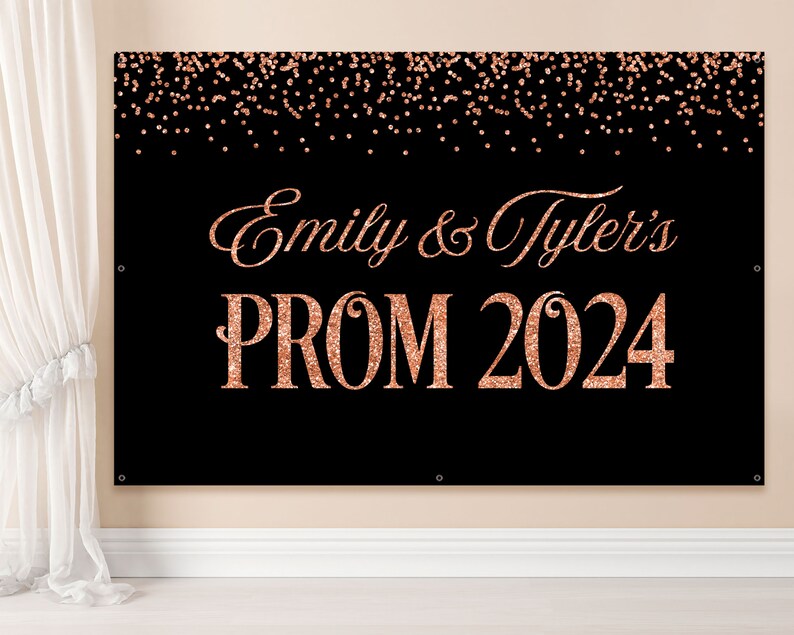 Prom 2024 backdrop banner, Printed vinyl sign, Printable digital file, Prom send-off decorations rose gold and black image 1