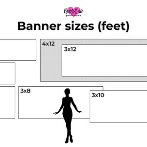 Puede incluir: Imagen que muestra tama&ntilde;os de banner en pies, incluyendo 2x8, 2x6, 3x6, 3x8, 3x10, 3x12 y 4x12. Se incluye una silueta de una persona para la escala. El texto "Tama&ntilde;os de banner (pies)" est&aacute; en la parte superior, con un logotipo encima.